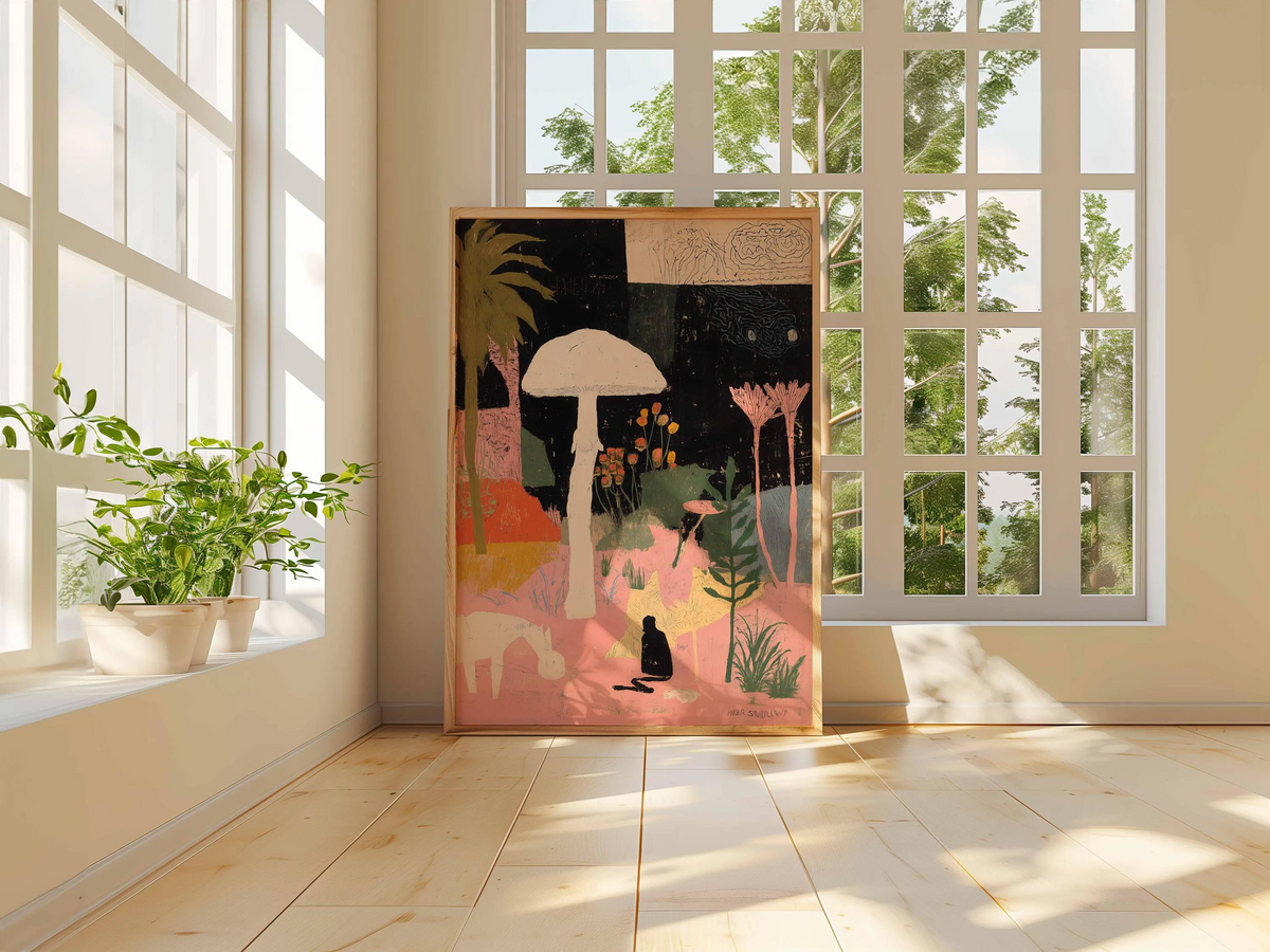 Surrealistyczny plakat z grzybami, fantazyjna grafika ścienna z motywem natury, ilustracja fantasy, psychodeliczna grafika w stylu boho, mistyczna dekoracja z motywem lasu i zwierząt