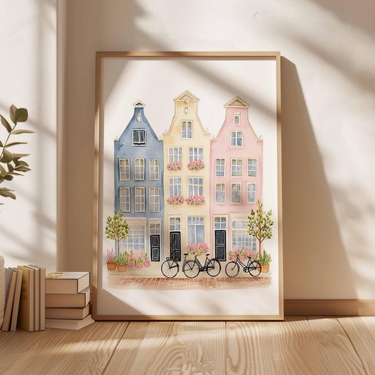 Plakat z europejskimi domami miejskimi w pastelowych kolorach, ilustracja akwarelowa, dekoracja do pokoju niemowlęcego z motywem podróży, prezent na parapetówkę