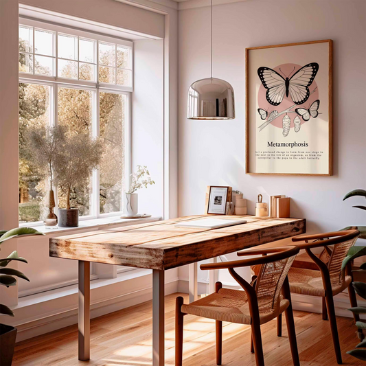 Grafika ścienna z motylem, plakat przedstawiający cykl życia z gąsienicą i kokonem, nowoczesna ilustracja przyrodnicza, minimalistyczna dekoracja botaniczna do domu