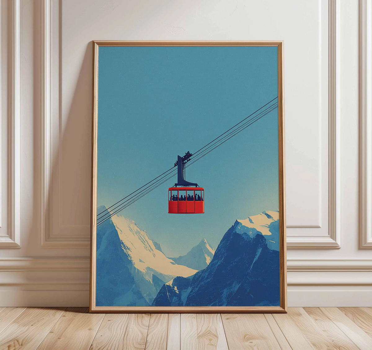 Plakat z czerwoną gondolą narciarską, minimalistyczny plakat graficzny o tematyce narciarskiej, dekoracja ścienna z motywem górskich podróży, wyjątkowy prezent