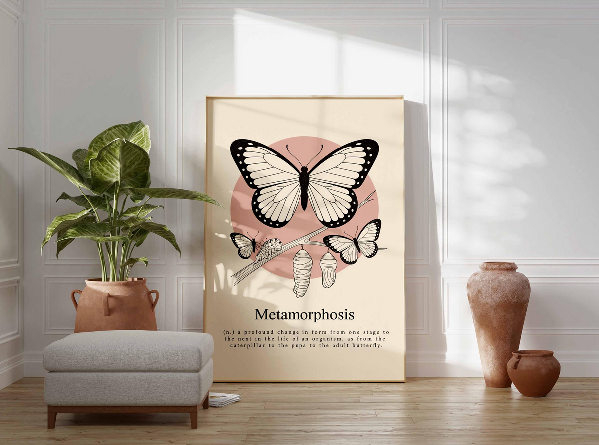 Grafika ścienna z motylem, plakat przedstawiający cykl życia z gąsienicą i kokonem, nowoczesna ilustracja przyrodnicza, minimalistyczna dekoracja botaniczna do domu