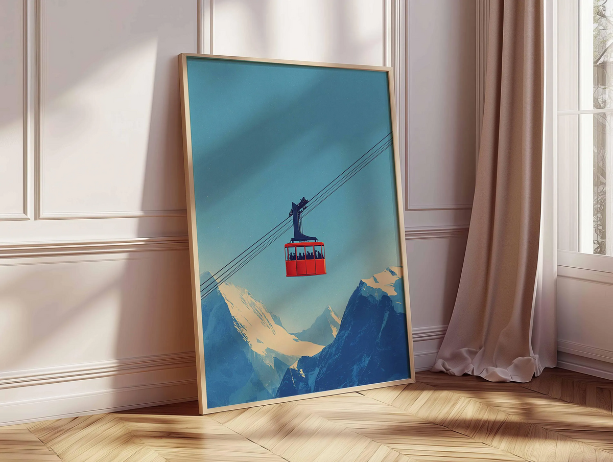 Plakat z czerwoną gondolą narciarską, minimalistyczny plakat graficzny o tematyce narciarskiej, dekoracja ścienna z motywem górskich podróży, wyjątkowy prezent
