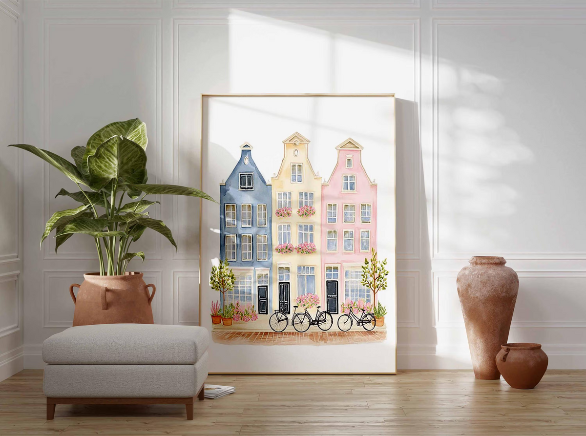 Plakat z europejskimi domami miejskimi w pastelowych kolorach, ilustracja akwarelowa, dekoracja do pokoju niemowlęcego z motywem podróży, prezent na parapetówkę